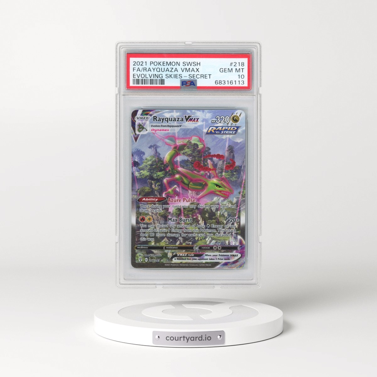 2021 Pokémon Sword & Shield Evolving Skies #218 Rayquaza Vmax - Full Art Secret (PSA 10 GEM MINT)