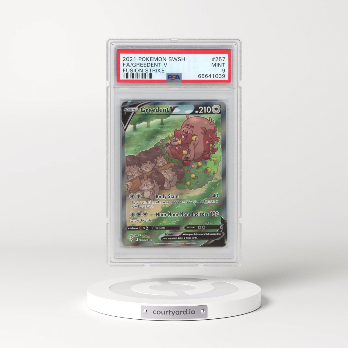 2021 Pokémon Sword & Shield Fusion Strike #257 Greedent V - Holo Full Art (PSA 9 MINT)