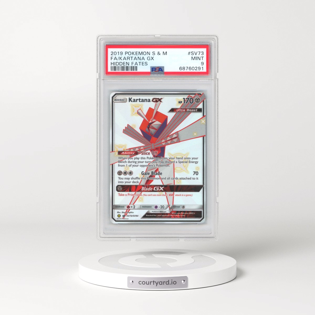 2019 Pokémon Sun & Moon Hidden Fates #SV73 Kartana GX - Holo Full Art (PSA 9 MINT)