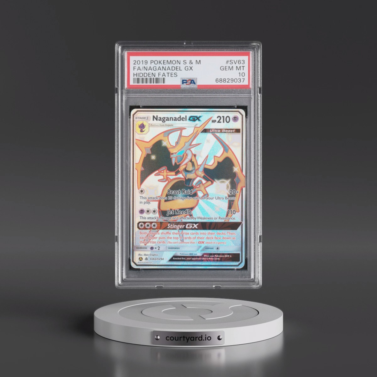 2019 Pokémon Sun & Moon Hidden Fates #SV63 Naganadel GX - Holo Full Art (PSA 10 GEM MINT)