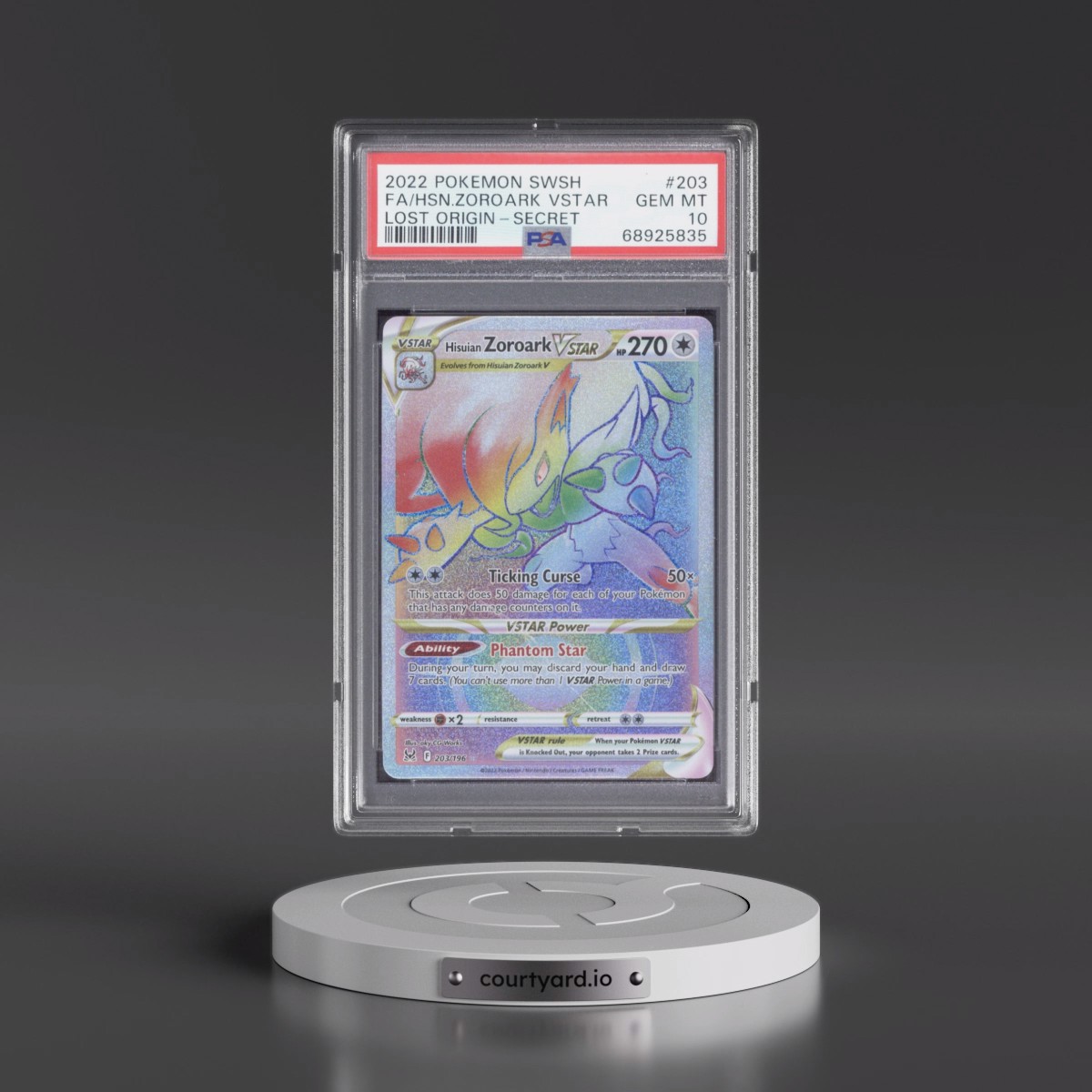 2022 Pokémon Sword & Shield Lost Origin #203 Hisuian Zoroark Vstar - Full Art Secret (PSA 10 GEM MINT)