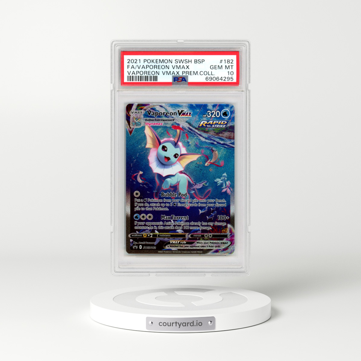 2021 Pokémon Swsh Black Star Promo #182 Vaporeon Vmax - Full Art Vaporeon Vmax Premium Collection (PSA 10 GEM MINT)