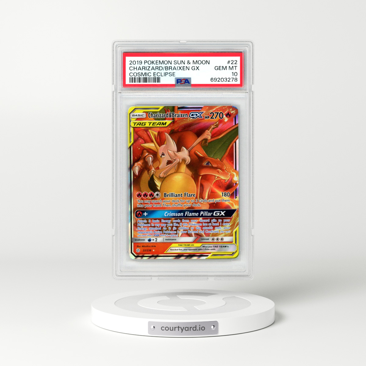 2019 Pokémon Sun & Moon Cosmic Eclipse #22 Charizard & Braixen GX - Holo (PSA 10 GEM MINT)