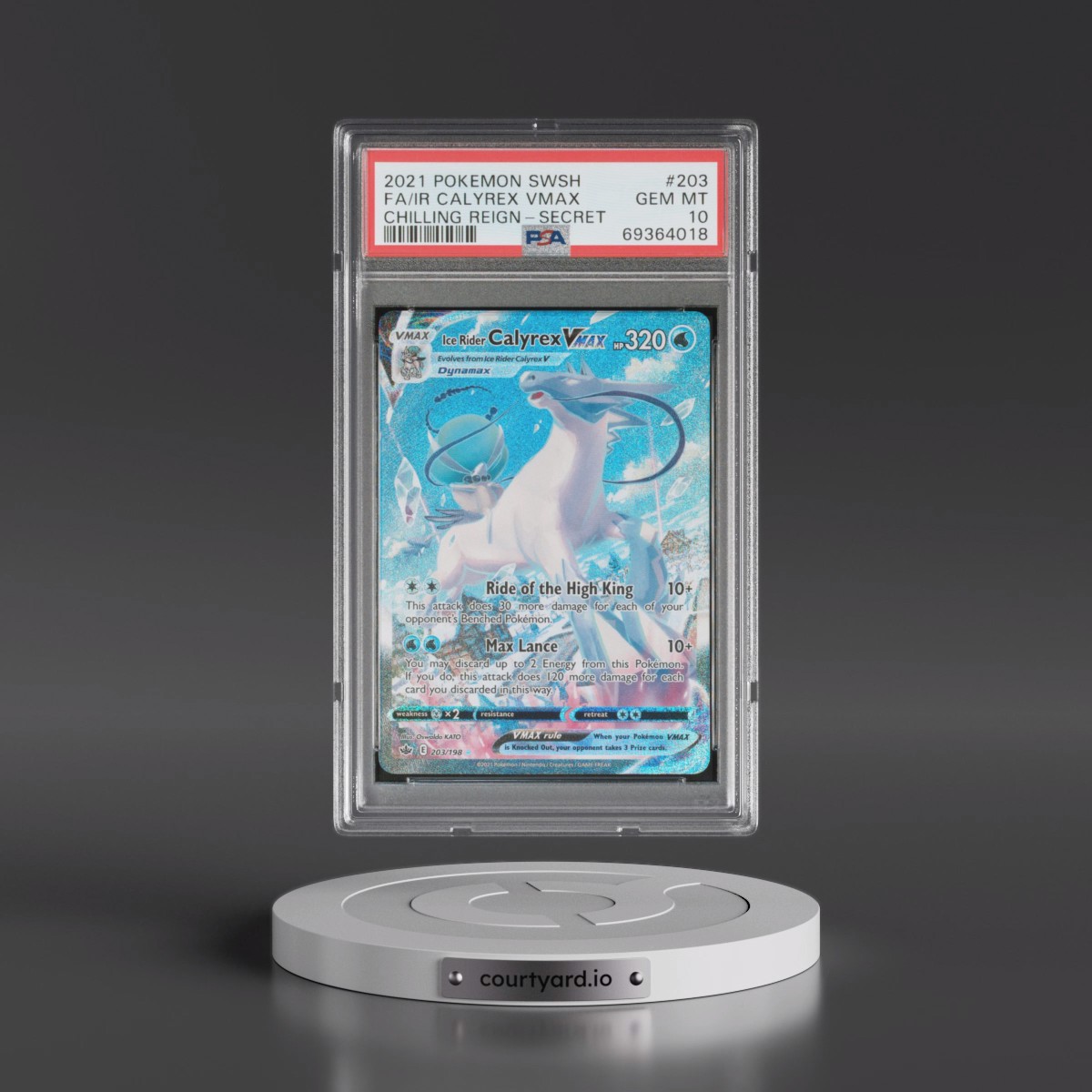 2021 Pokémon Sword & Shield Chilling Reign #203 Ice Rider Calyrex Vmax - Full Art Secret (PSA 10 GEM MINT)