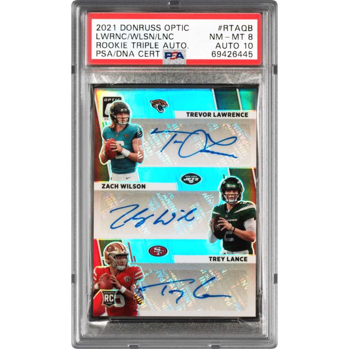 2021 Panini Donruss Optic Rookie Triple Autographs #RTAQB Trevor Lawrence/Trey Lance/Zach Wilson (PSA 8 NM-MT)