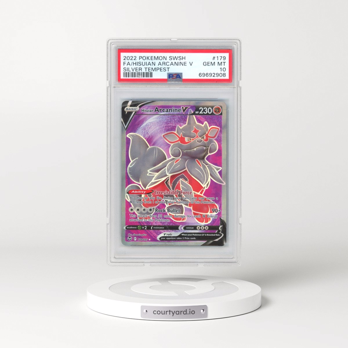2022 Pokémon Sword & Shield Silver Tempest #179 Hisuian Arcanine V - Holo Full Art (PSA 10 GEM MINT)