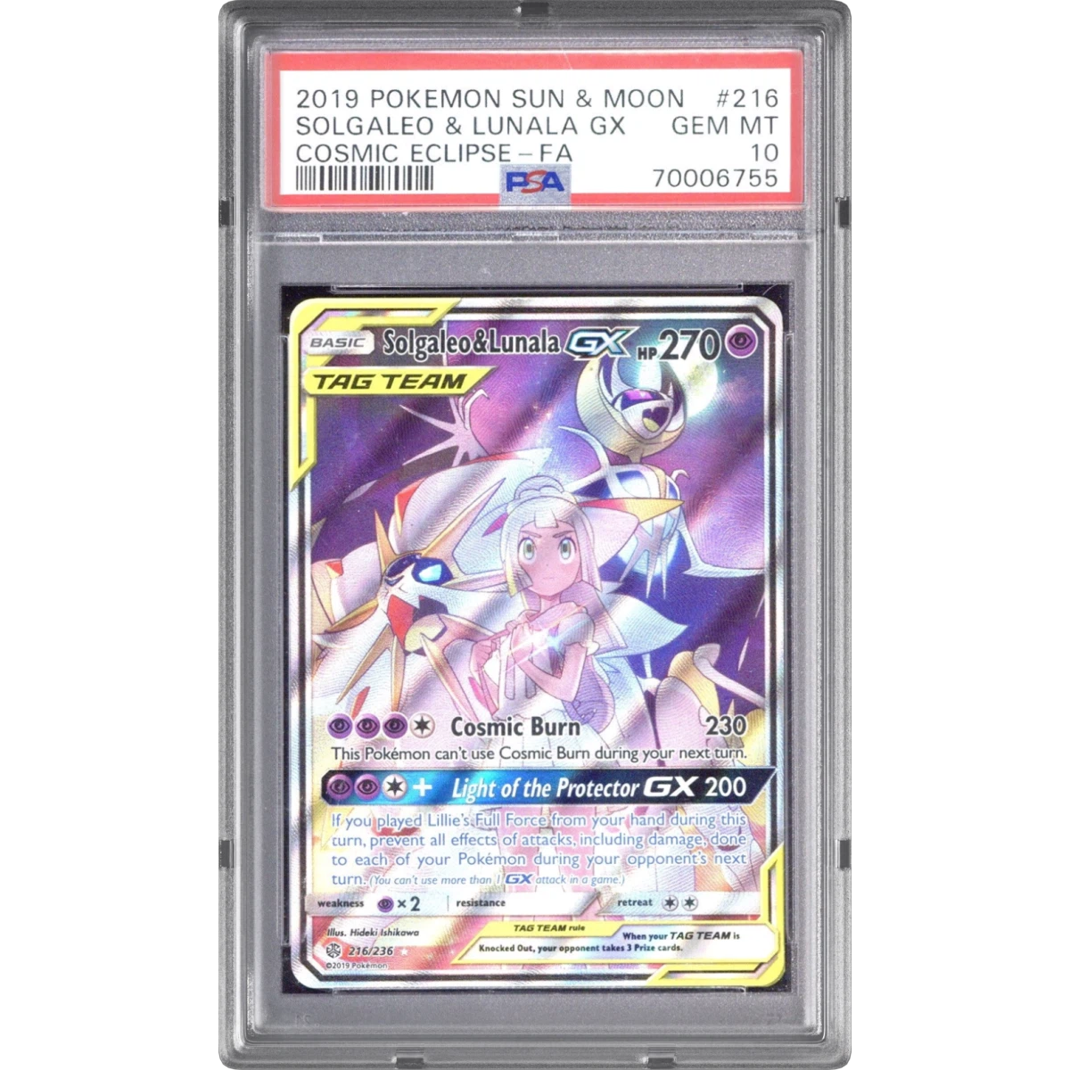 2019 Pokémon Sun & Moon Cosmic Eclipse #216 Solgaleo & Lunala GX - Holo Full Art (PSA 10 GEM MINT)