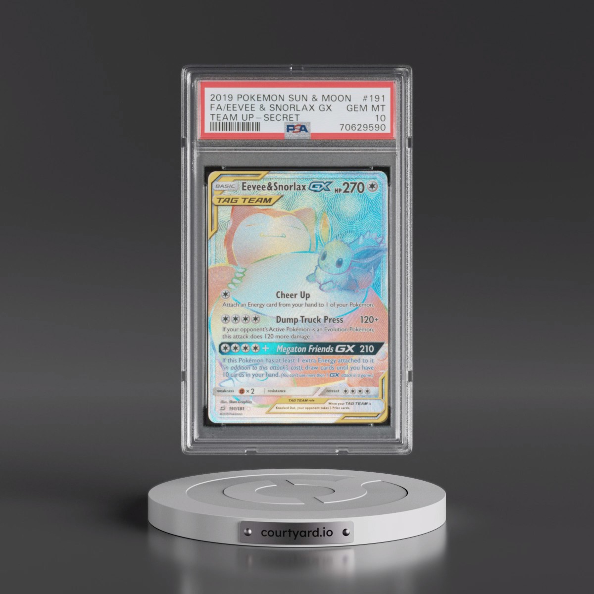 2019 Pokémon Sun & Moon Team Up #191 Eevee & Snorlax GX - Holo Full Art Secret (PSA 10 GEM MINT)