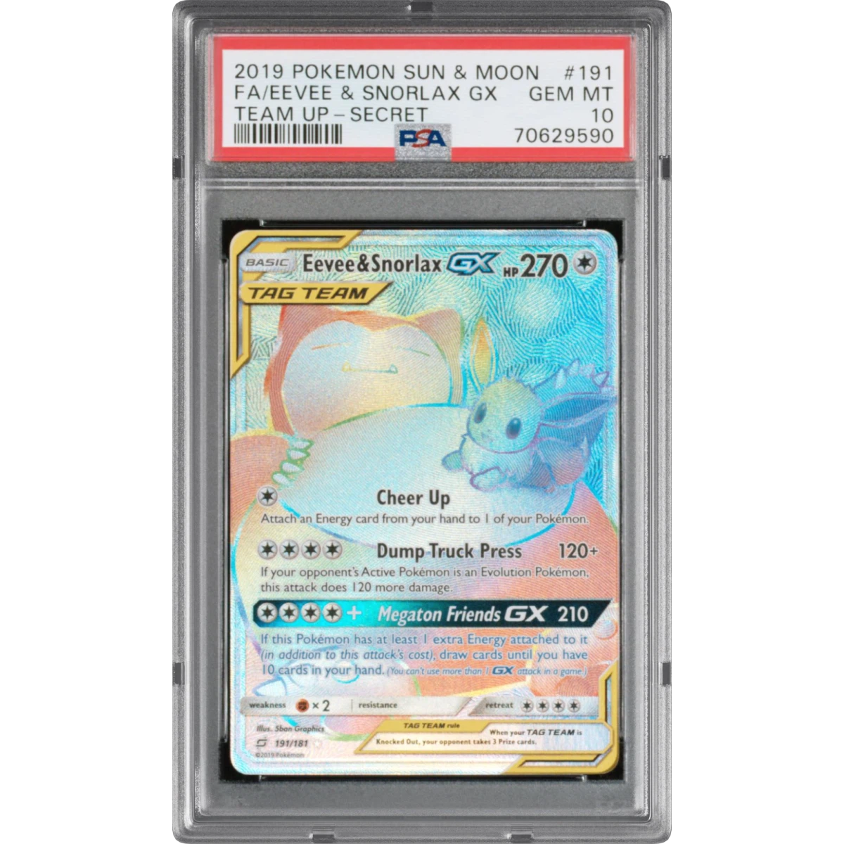 2019 Pokémon Sun & Moon Team Up #191 Eevee & Snorlax GX - Holo Full Art Secret (PSA 10 GEM MINT)