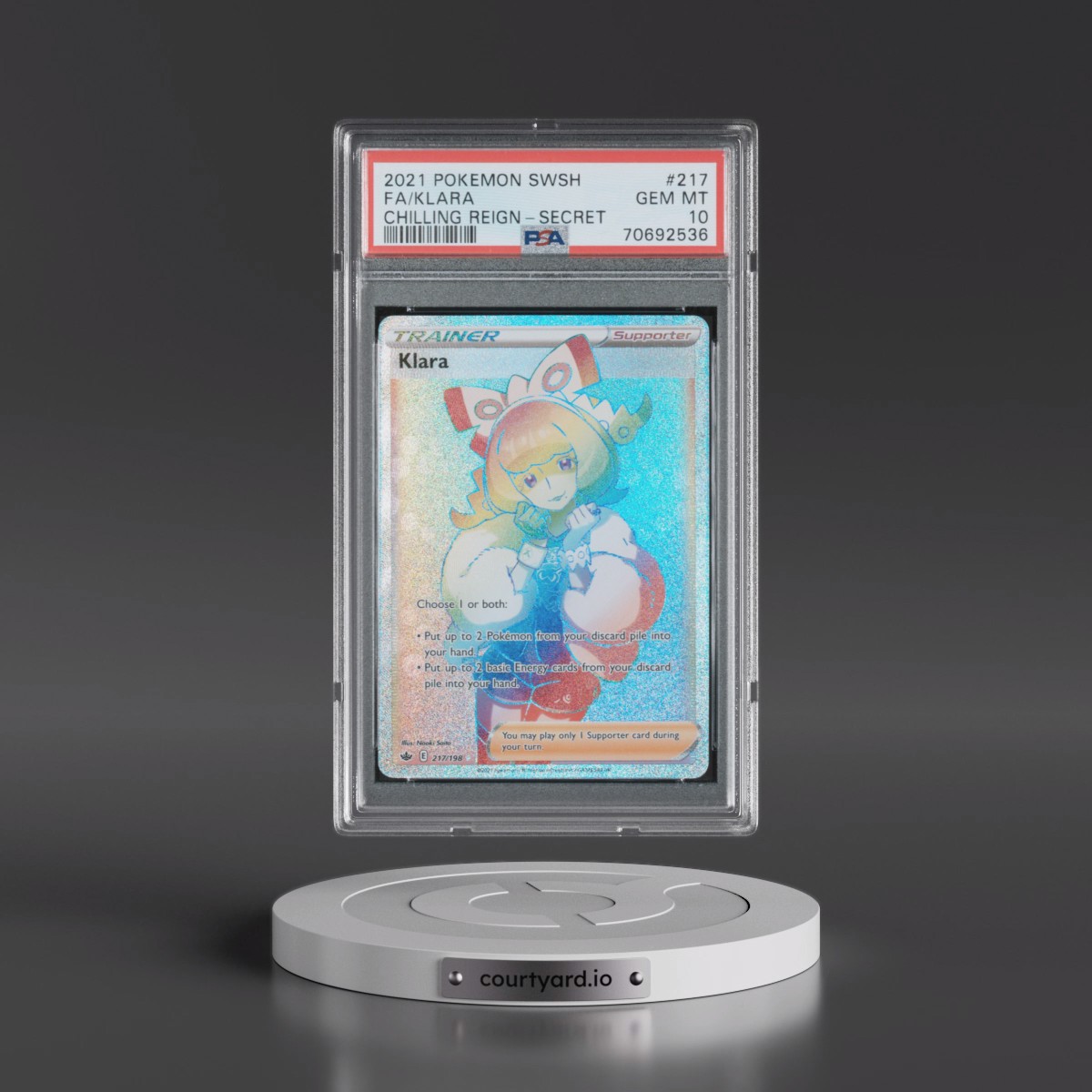2021 Pokémon Sword & Shield Chilling Reign #217 Klara - Full Art Secret (PSA 10 GEM MINT)
