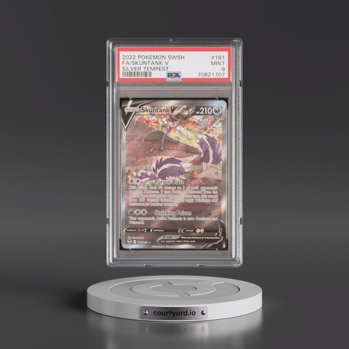 2022 Pokémon Sword & Shield Silver Tempest #181 Skuntank V - Holo Full Art (PSA 9 MINT)