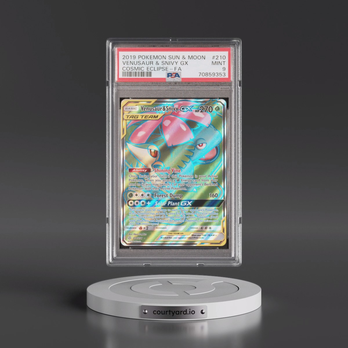 2019 Pokémon Sun & Moon Cosmic Eclipse #210 Venusaur & Snivy GX - Holo Full Art (PSA 9 MINT)