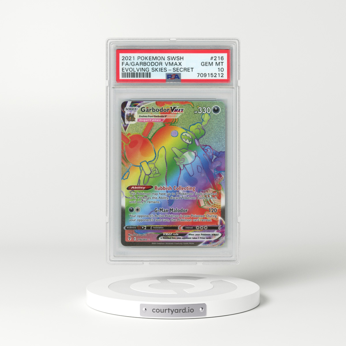 2021 Pokémon Sword & Shield Evolving Skies #216 Garbodor Vmax - Full Art Secret (PSA 10 GEM MINT)