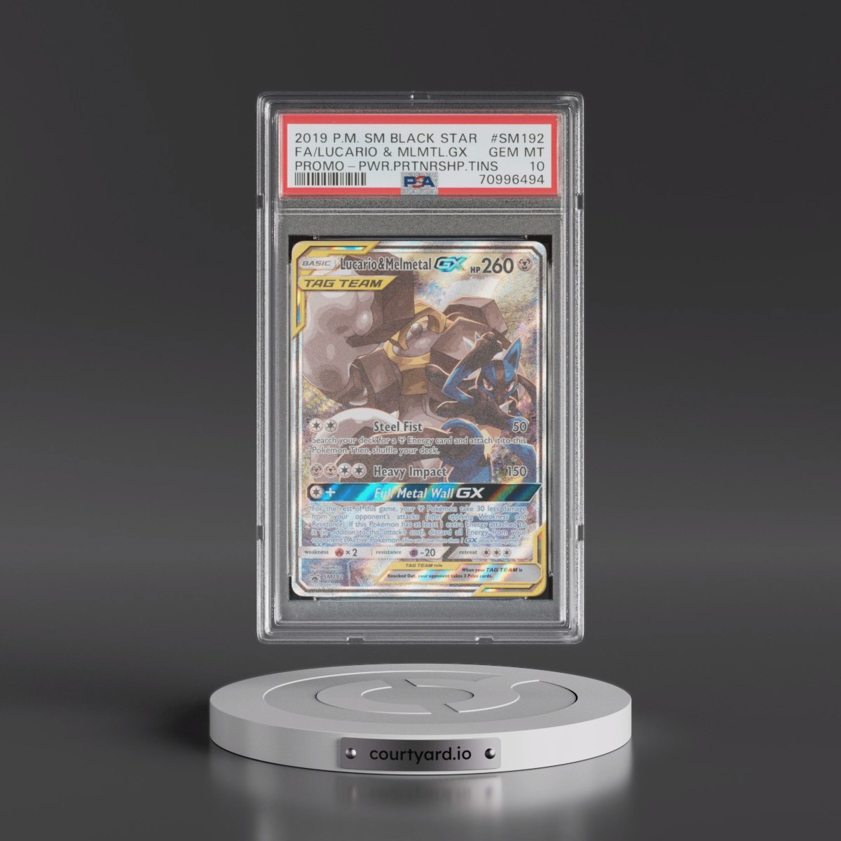 2019 Pokémon SM Black Star Promo #SM192 Lucario & Melmetal GX - Holo Full Art Power Partnership Tins (PSA 10 GEM MINT)