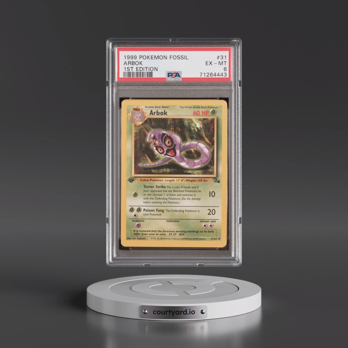 1999 Pokémon Fossil #31 Arbok - 1st Edition (PSA 6 EX-MT)