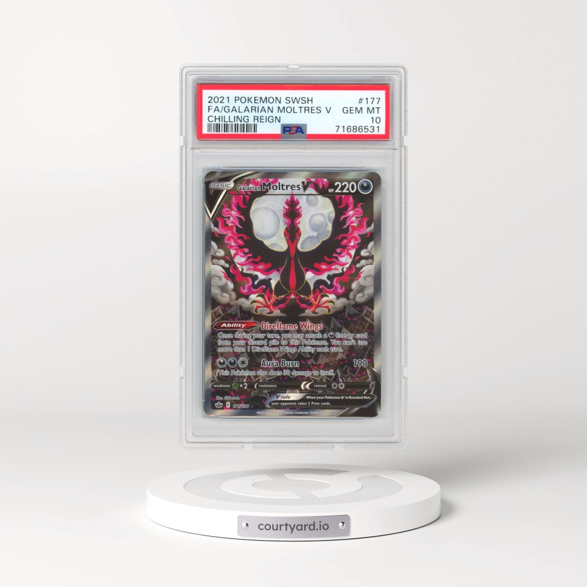 2021 Pokémon Sword & Shield Chilling Reign #177 Galarian Moltres V - Holo Full Art (PSA 10 GEM MINT)