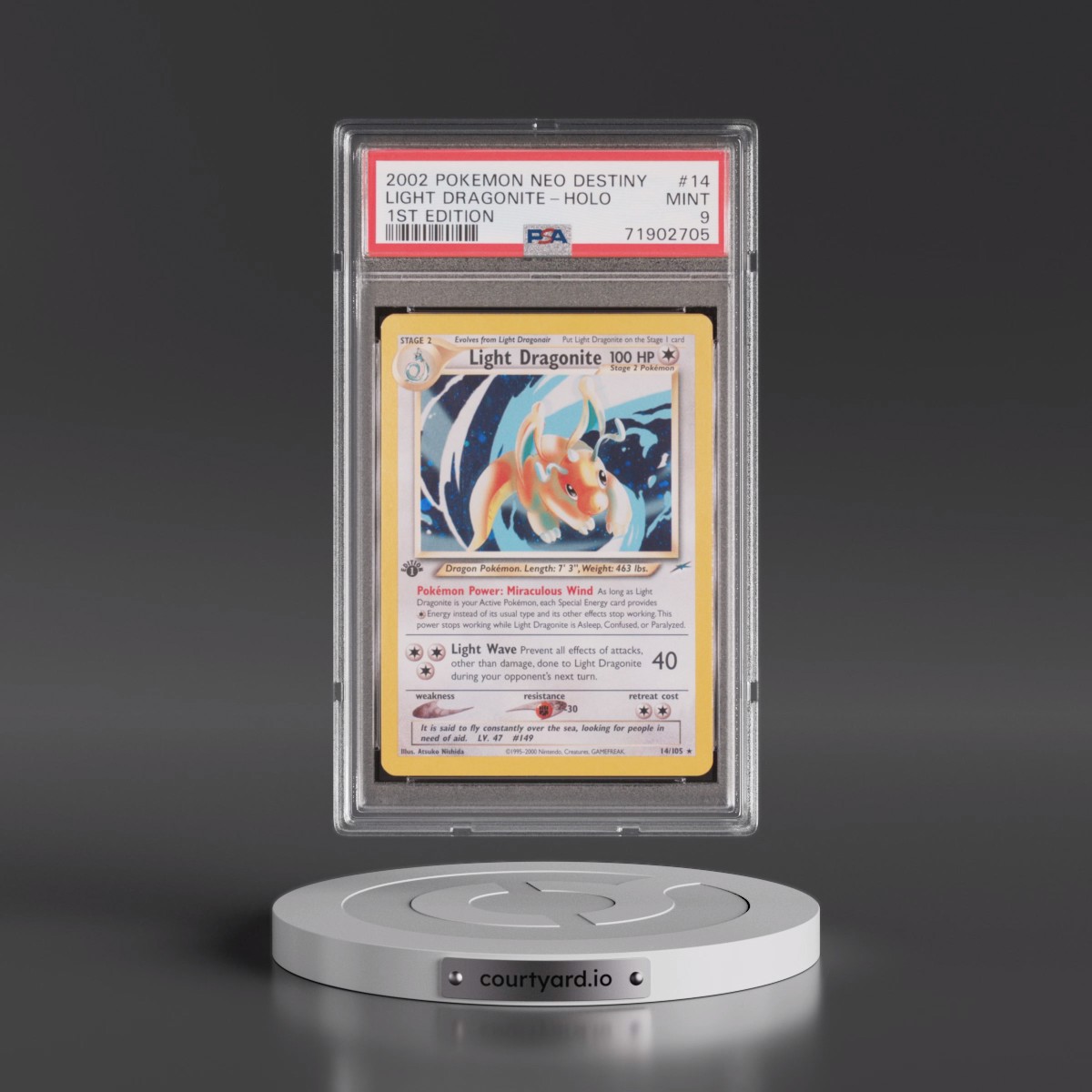 2002 Pokémon Neo Destiny #14 Light Dragonite - 1st Edition Holo (PSA 9 MINT)