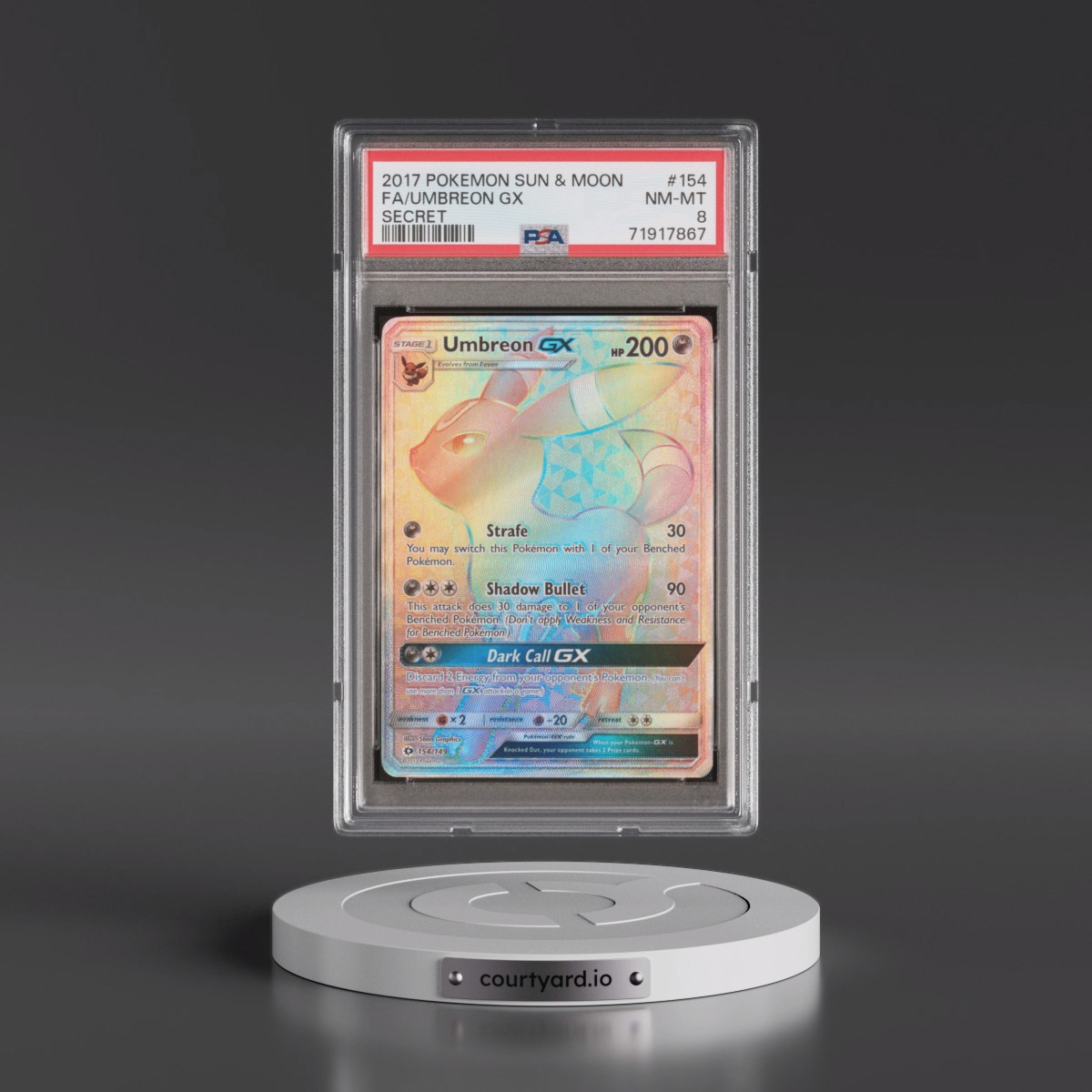 2017 Pokémon Sun & Moon #154 Umbreon GX - Holo Full Art Secret (PSA 8 NM-MT)