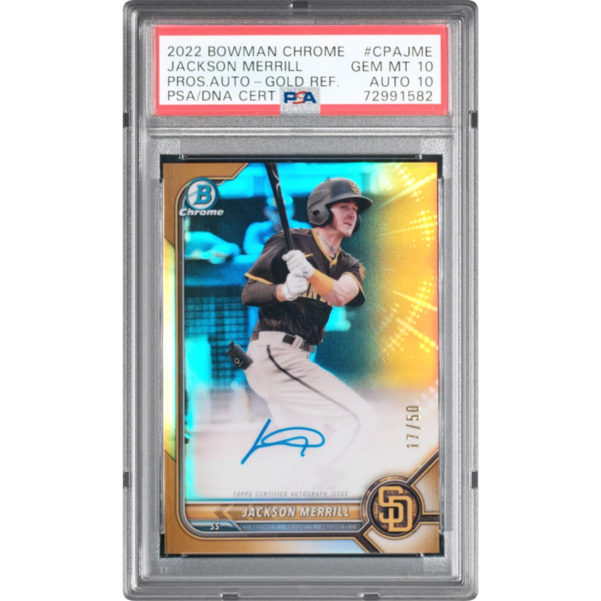 2022 Bowman Chrome Prospect Autographs #CPAJME Jackson Merrill - Gold Refractor, PSA 10