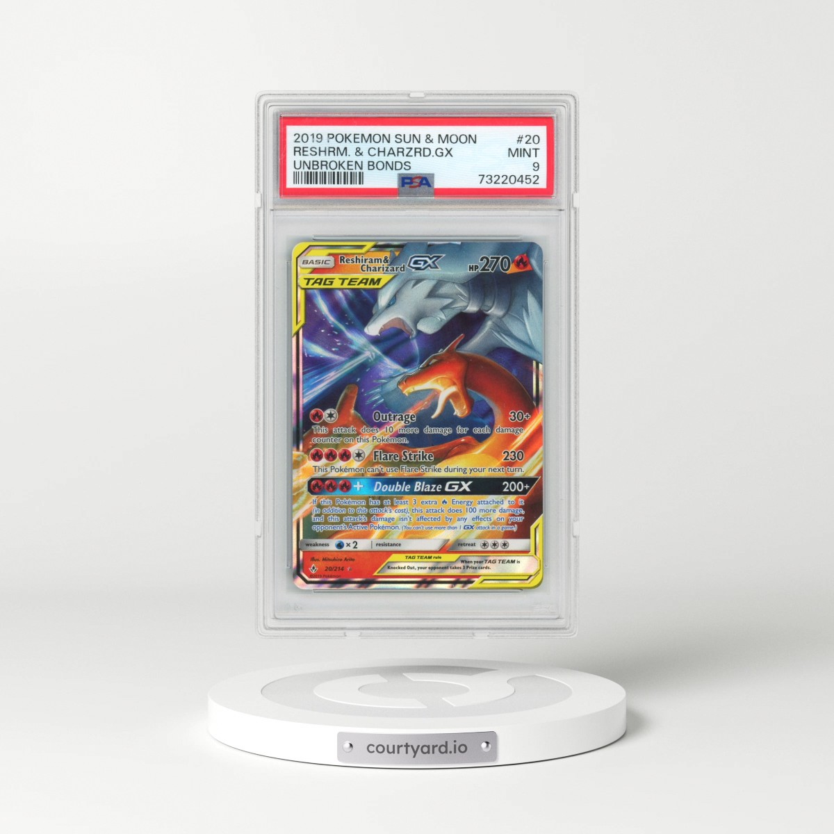 2019 Pokémon Sun & Moon Unbroken Bonds #20 Reshiram & Charizard GX - Holo (PSA 9 MINT)