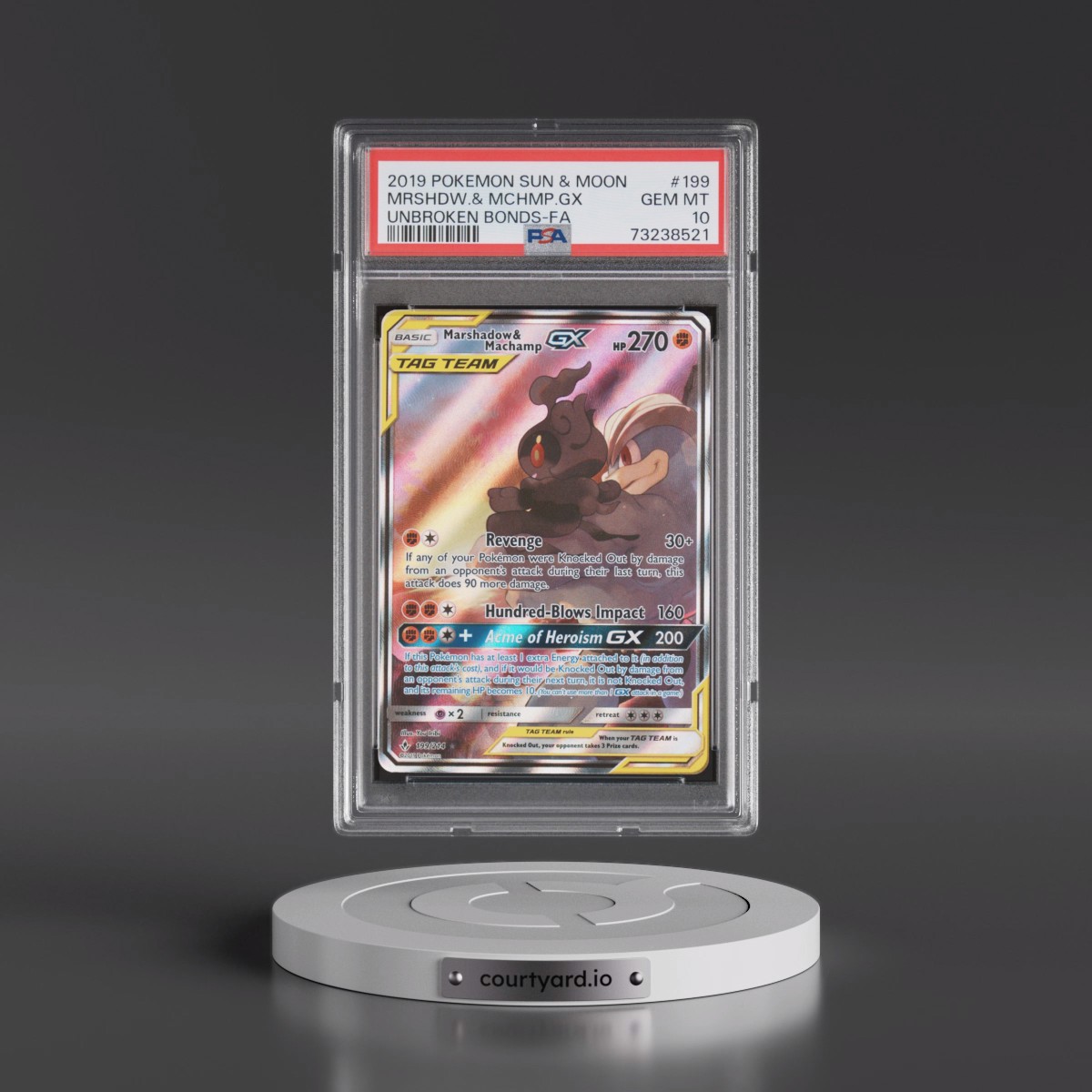 2019 Pokémon Sun & Moon Unbroken Bonds #199 Marshadow & Machamp GX - Holo Full Art (PSA 10 GEM MINT)