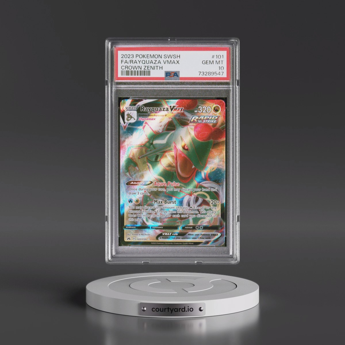 2023 Pokémon Sword and Shield Crown Zenith #101 Rayquaza Vmax - Full Art (PSA 10 GEM MINT)