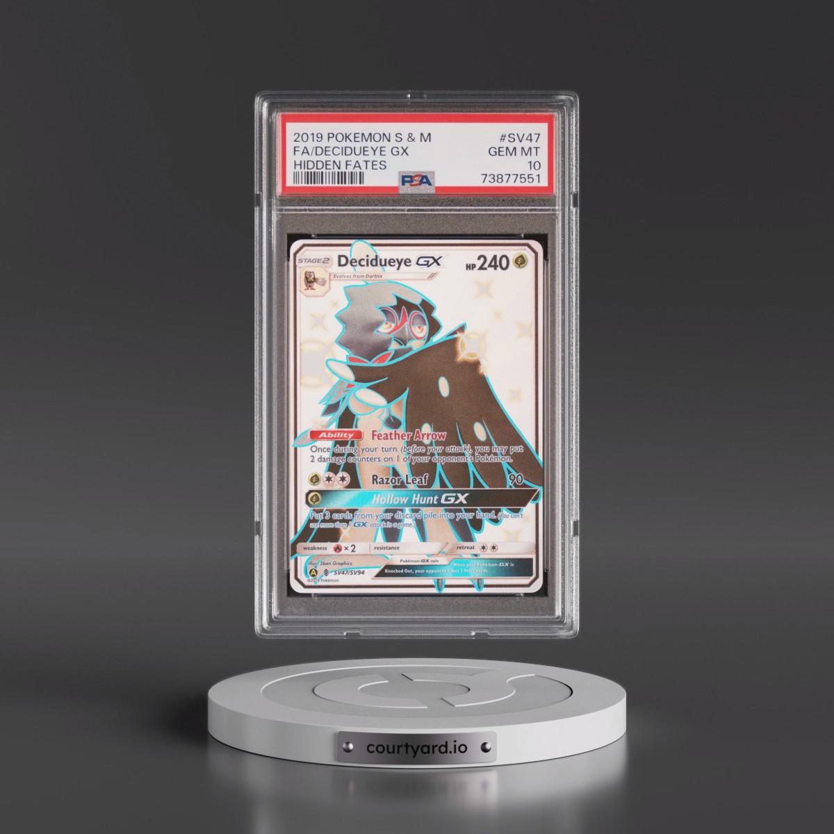 2019 Pokémon Sun & Moon Hidden Fates #SV47 Decidueye GX - Holo Full Art (PSA 10 GEM MINT)