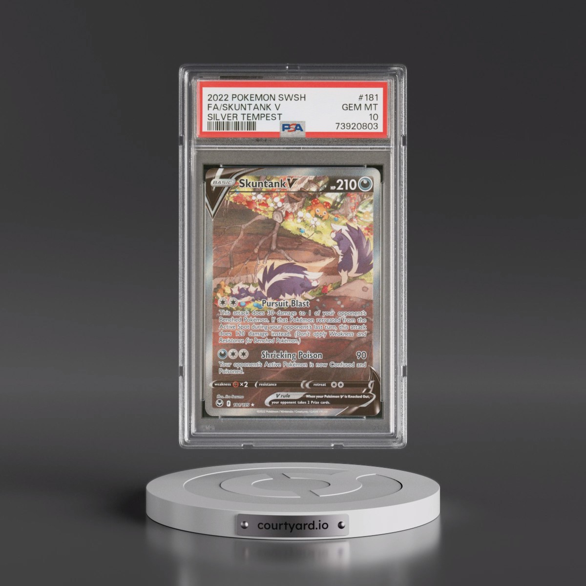2022 Pokémon Sword & Shield Silver Tempest #181 Skuntank V - Holo Full Art (PSA 10 GEM MINT)