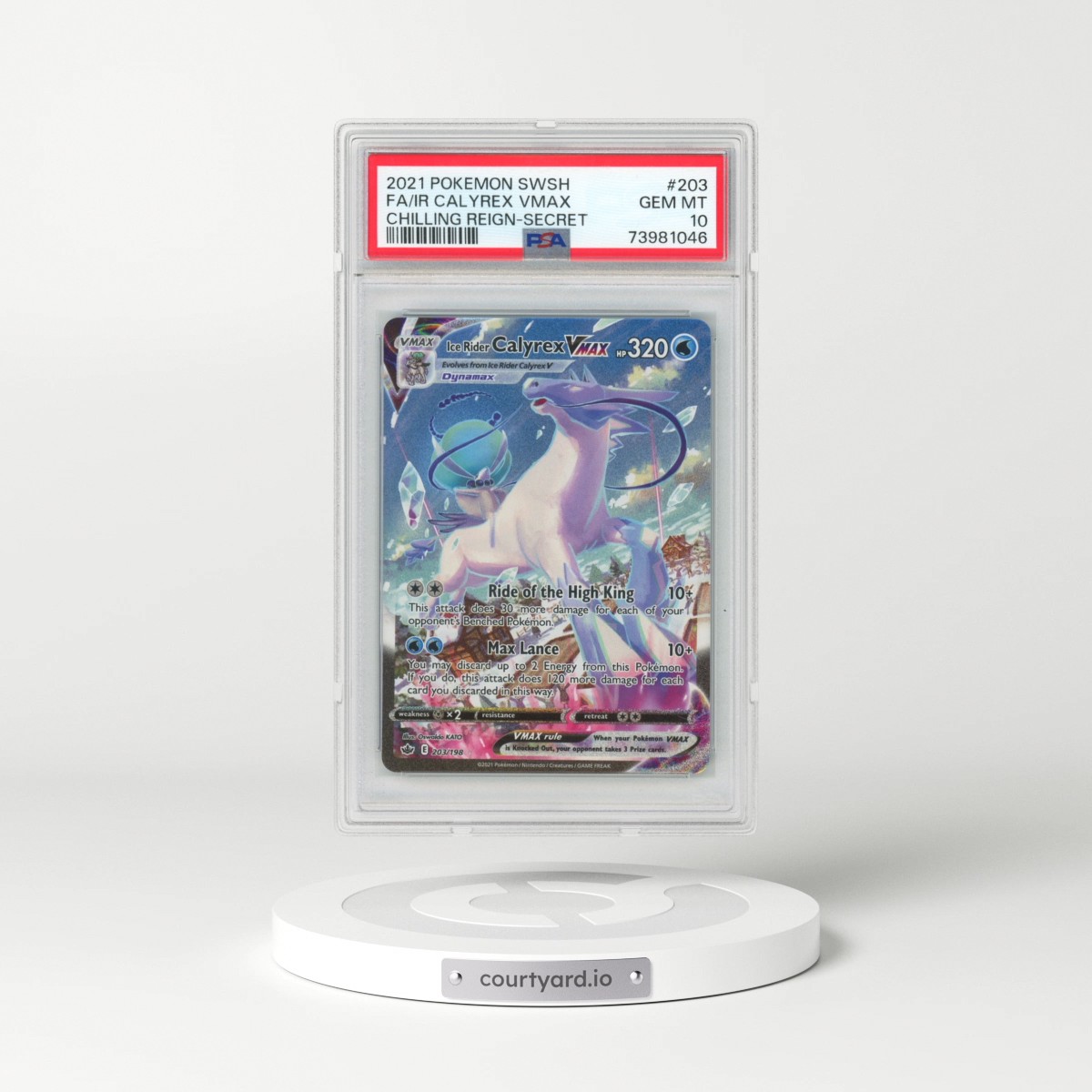 2021 Pokémon Sword & Shield Chilling Reign #203 Ice Rider Calyrex Vmax - Full Art Secret (PSA 10 GEM MINT)