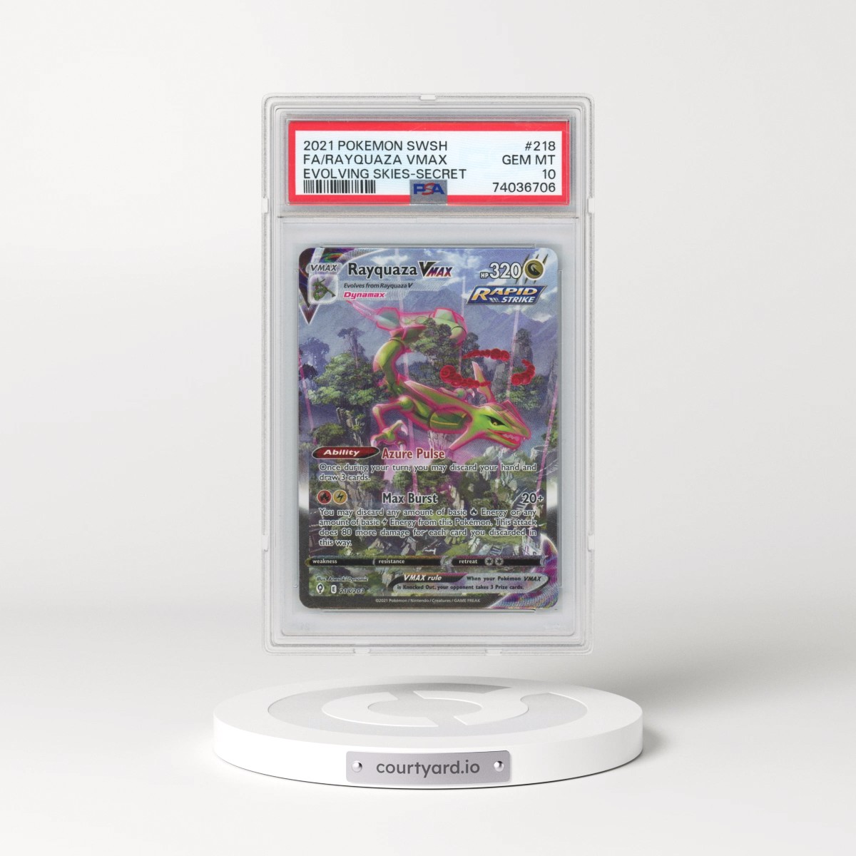 2021 Pokémon Sword & Shield Evolving Skies #218 Rayquaza Vmax - Full Art Secret (PSA 10 GEM MINT)
