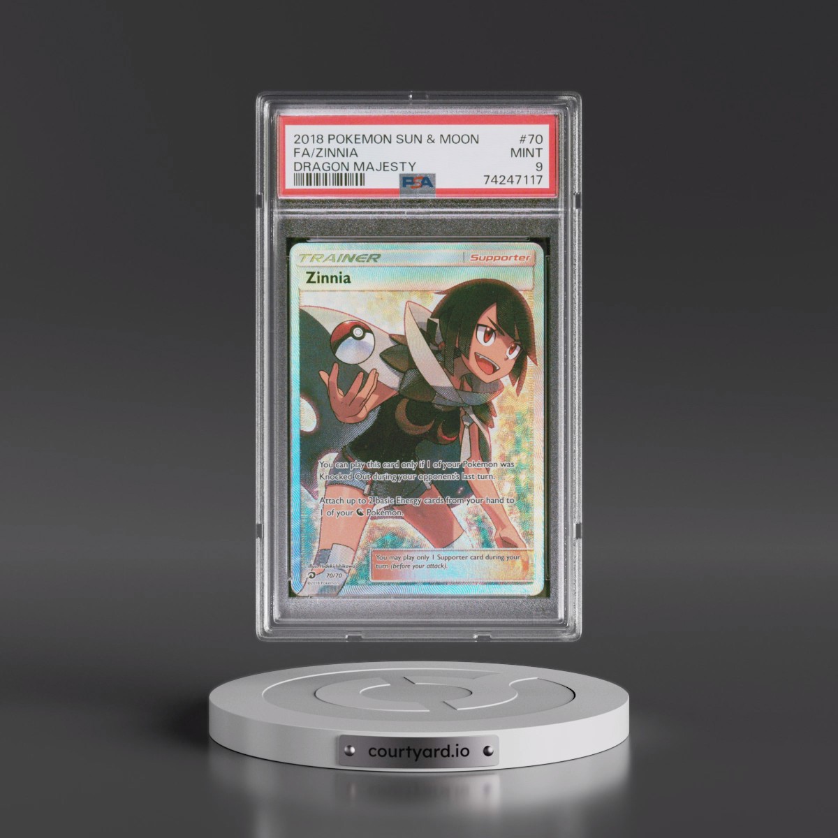 2018 Pokémon Sun & Moon Dragon Majesty #70 Zinnia - Full Art (PSA 9 MINT)