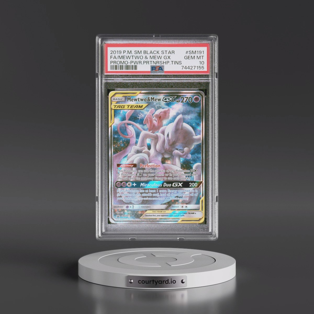 2019 Pokémon SM Black Star Promo #SM191 Mewtwo & Mew GX - Holo Full Art Power Partnership Tins (PSA 10 GEM MINT)