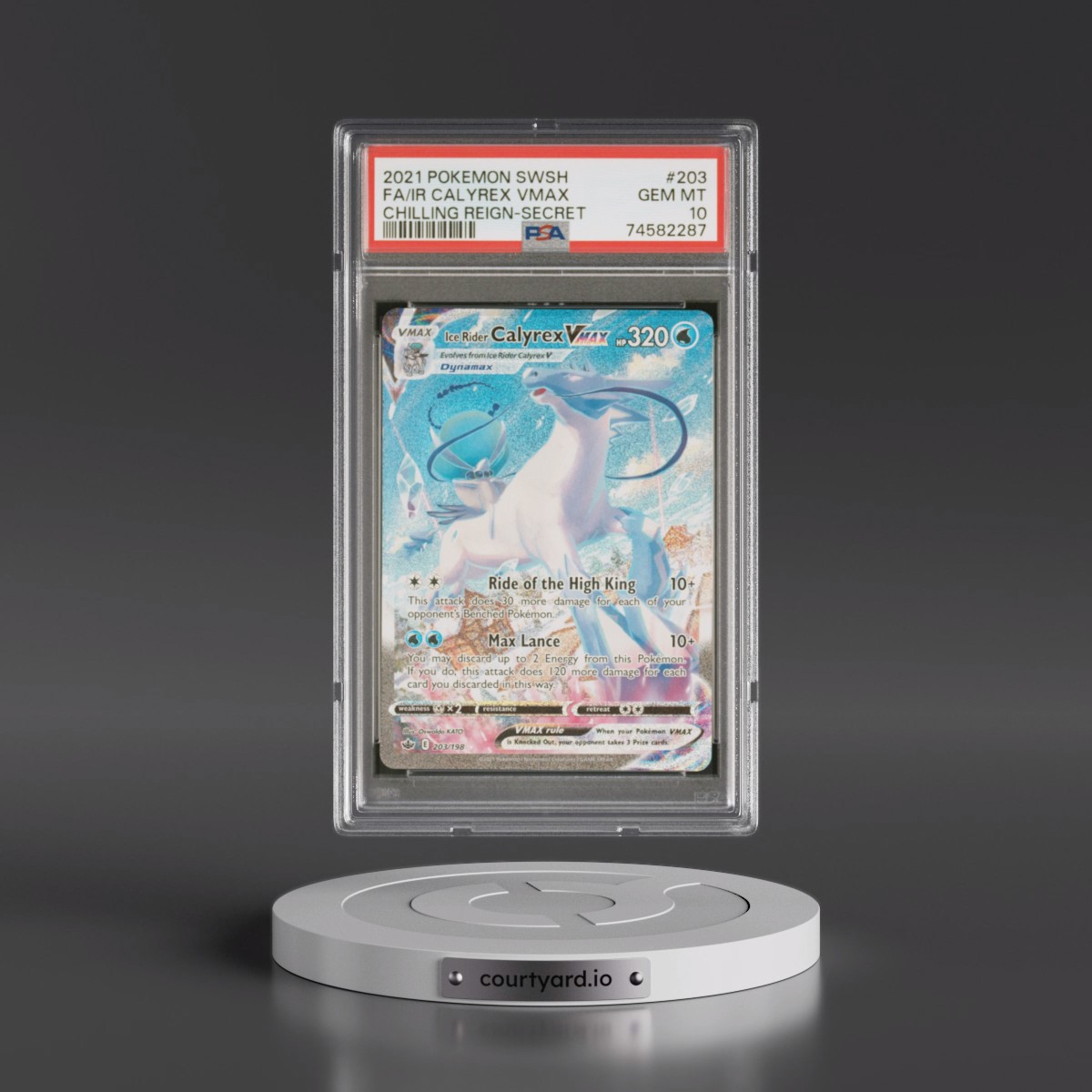2021 Pokémon Sword & Shield Chilling Reign #203 Ice Rider Calyrex Vmax - Full Art Secret (PSA 10 GEM MINT)