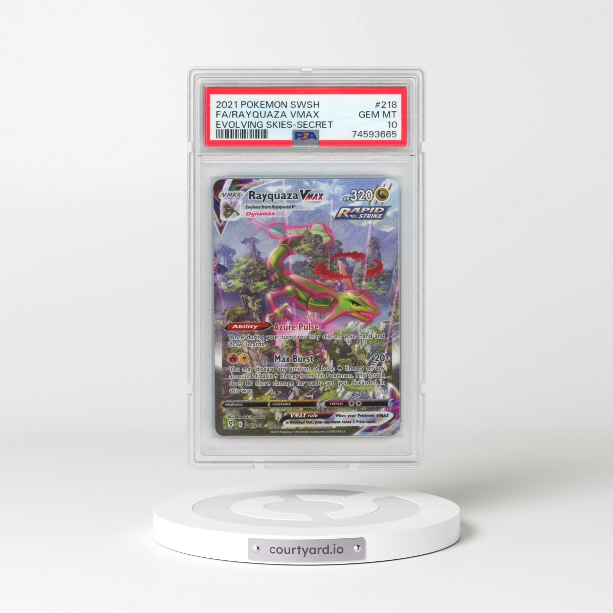 2021 Pokémon Sword & Shield Evolving Skies #218 Rayquaza Vmax - Full Art Secret (PSA 10 GEM MINT)