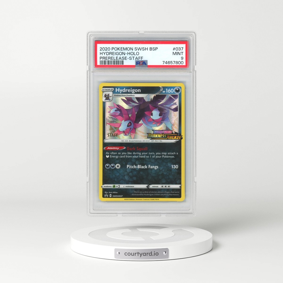 2020 Pokémon Swsh Black Star Promo #037 Hydreigon - Holo Prerelease-Staff (PSA 9 MINT)