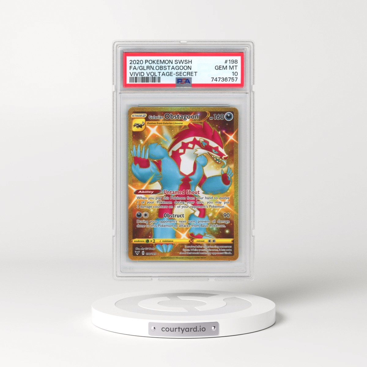 2020 Pokémon Sword & Shield Vivid Voltage #198 Galarian Obstagoon - Full Art Secret (PSA 10 GEM MINT)