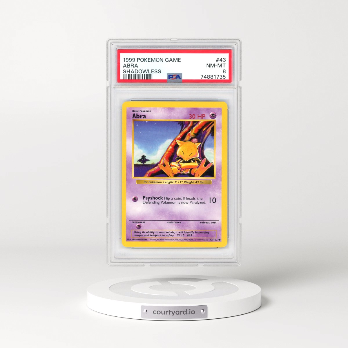 1999 Pokémon Game #43 Abra - Shadowless (PSA 8 NM-MT)
