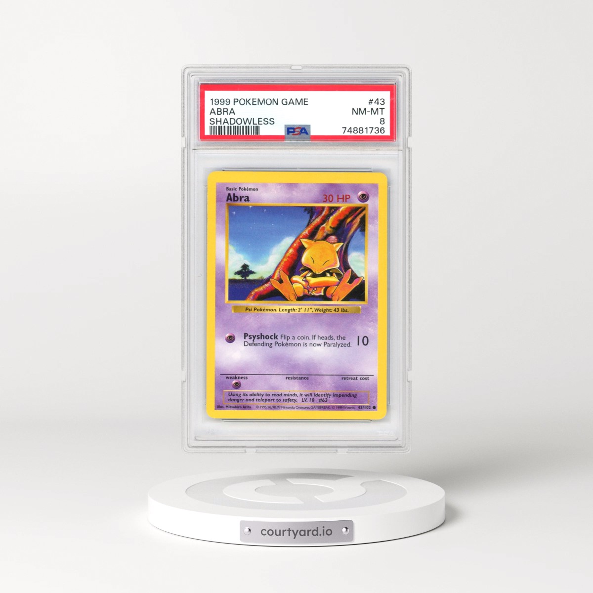 1999 Pokémon Game #43 Abra - Shadowless (PSA 8 NM-MT)