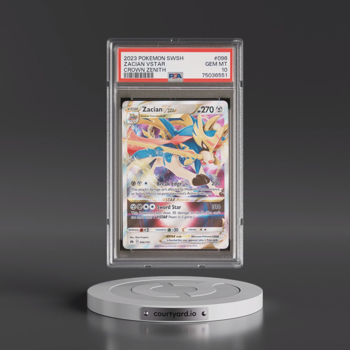 2023 Pokémon Sword and Shield Crown Zenith #096 Zacian Vstar (PSA 10 GEM MINT)