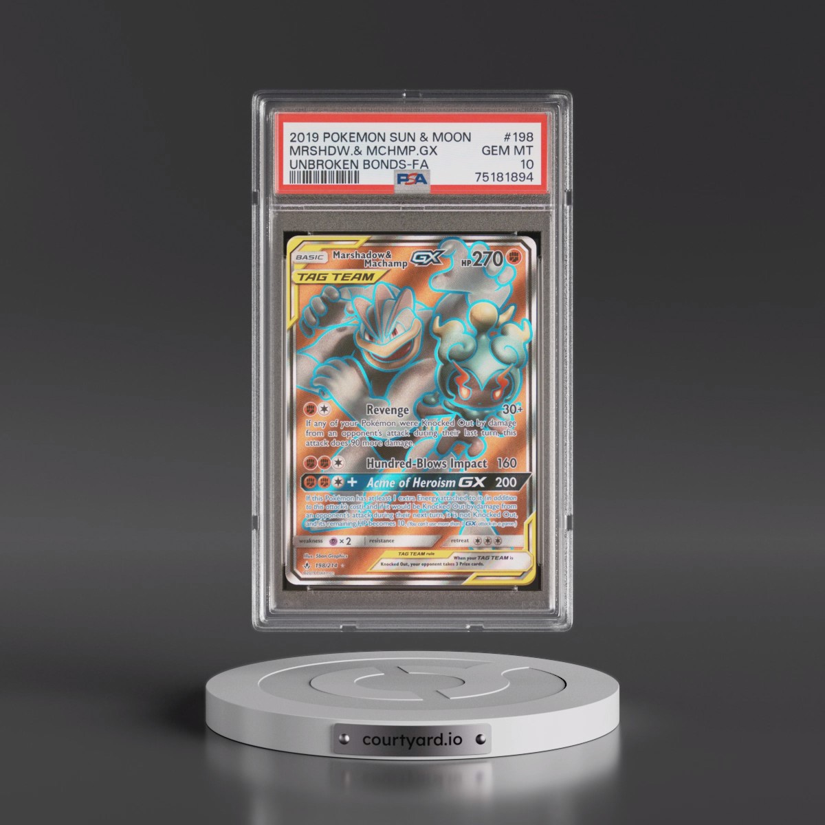 2019 Pokémon Sun & Moon Unbroken Bonds #198 Marshadow & Machamp GX - Holo Full Art (PSA 10 GEM MINT)