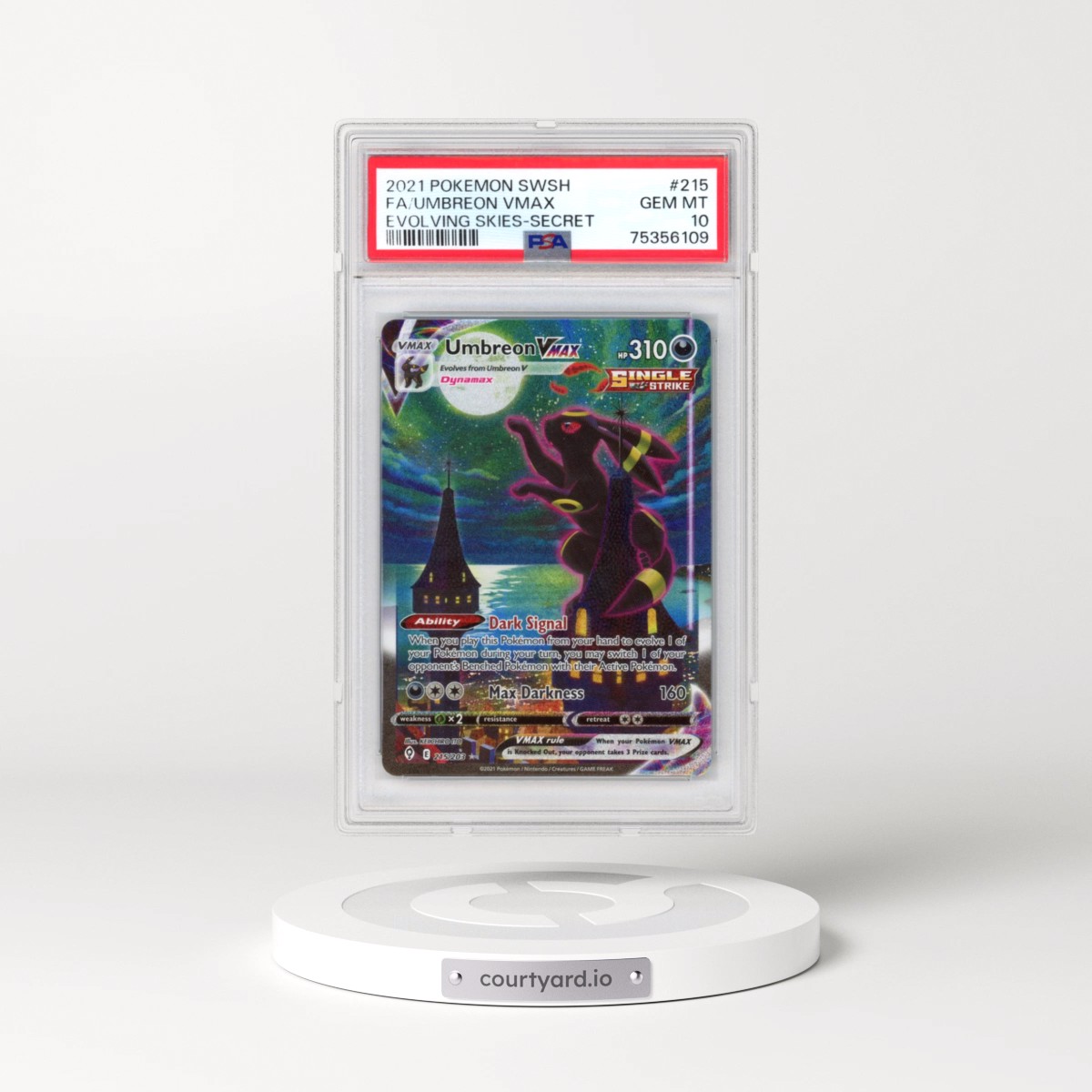 2021 Pokémon Sword & Shield Evolving Skies #215 Umbreon Vmax - Full Art Secret (PSA 10 GEM MINT)
