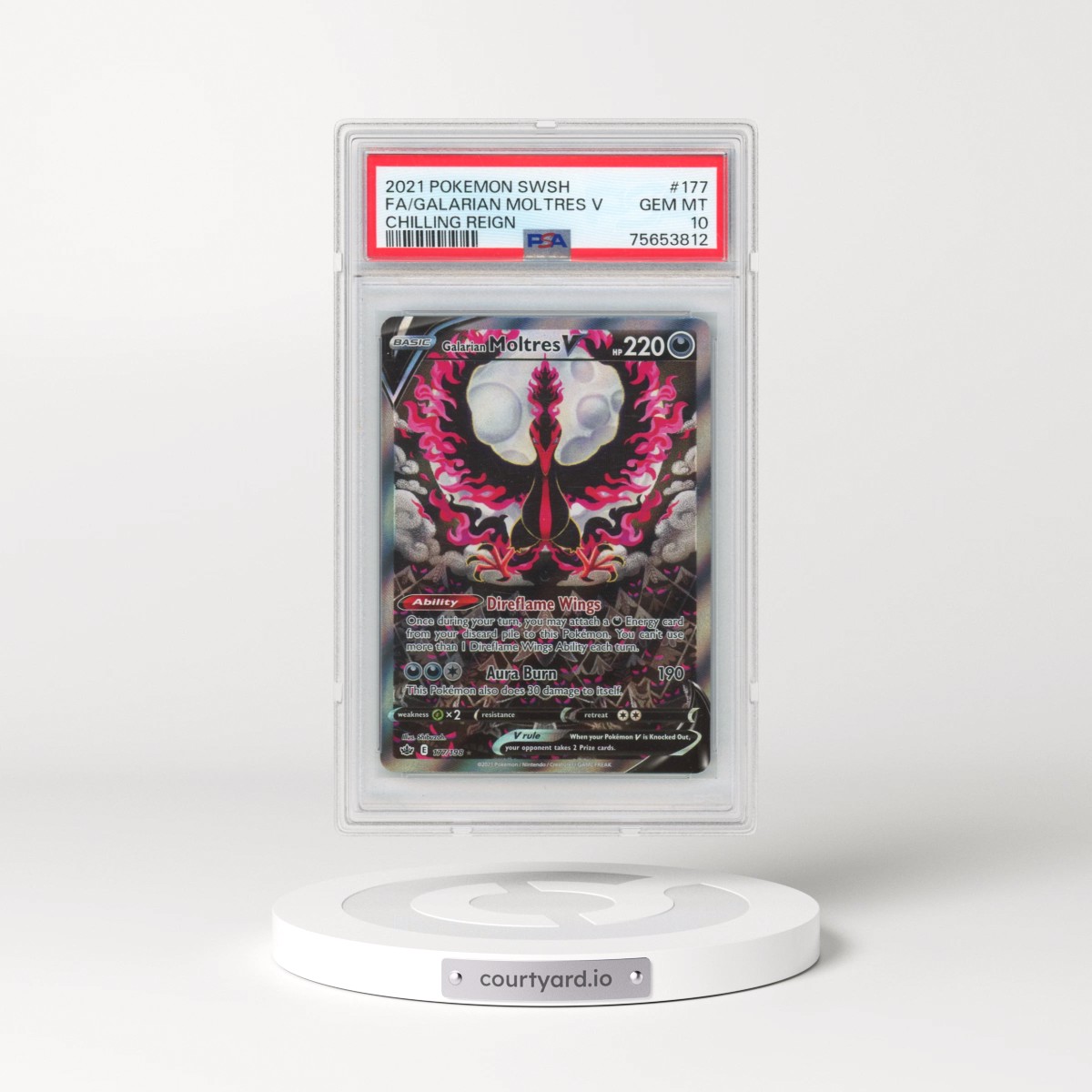 2021 Pokémon Sword & Shield Chilling Reign #177 Galarian Moltres V - Holo Full Art (PSA 10 GEM MINT)