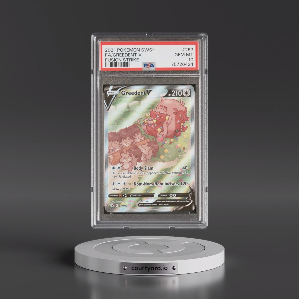 2021 Pokémon Sword & Shield Fusion Strike #257 Greedent V - Holo Full Art (PSA 10 GEM MINT)