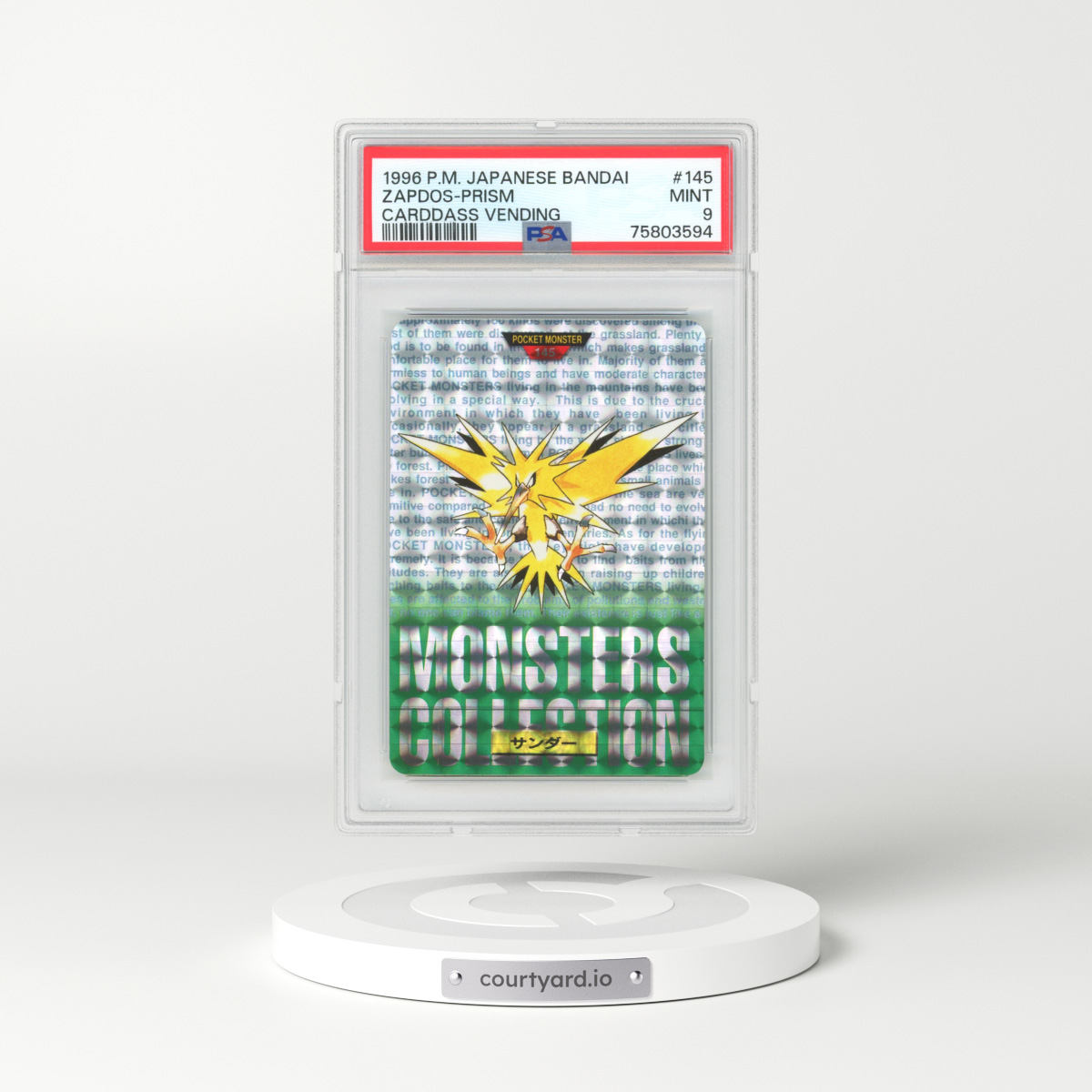 1996 Japanese Bandai Carddass Vending #145 Zapdos Prism - Full Art Holo (PSA 9 MINT)
