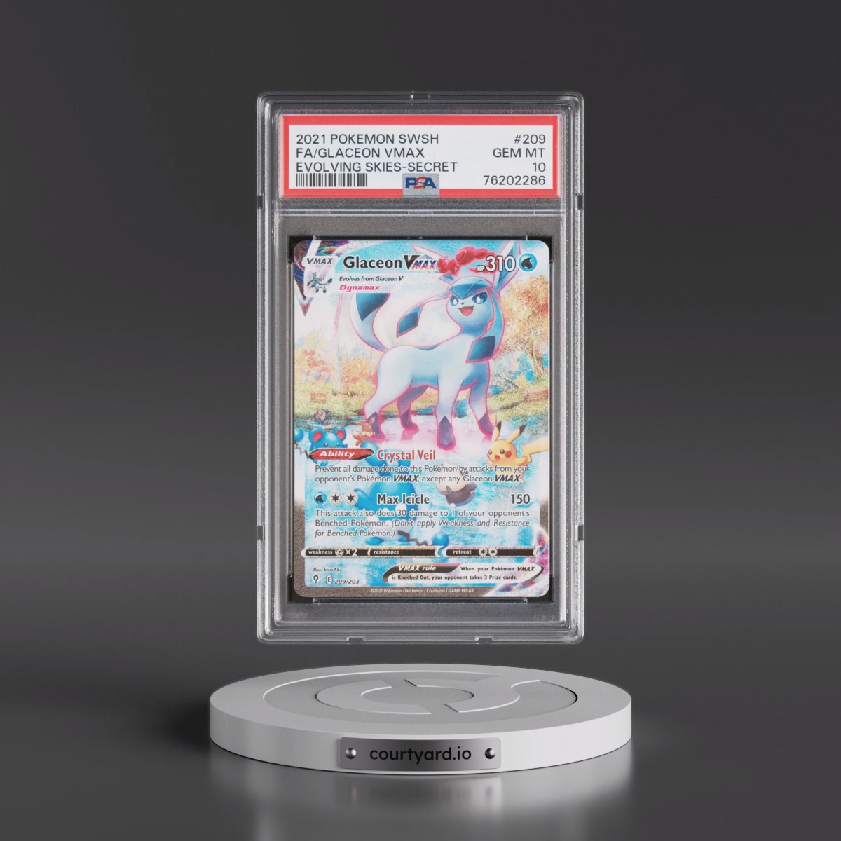 2021 Pokémon Sword & Shield Evolving Skies #209 Glaceon Vmax - Full Art Secret (PSA 10 GEM MINT)