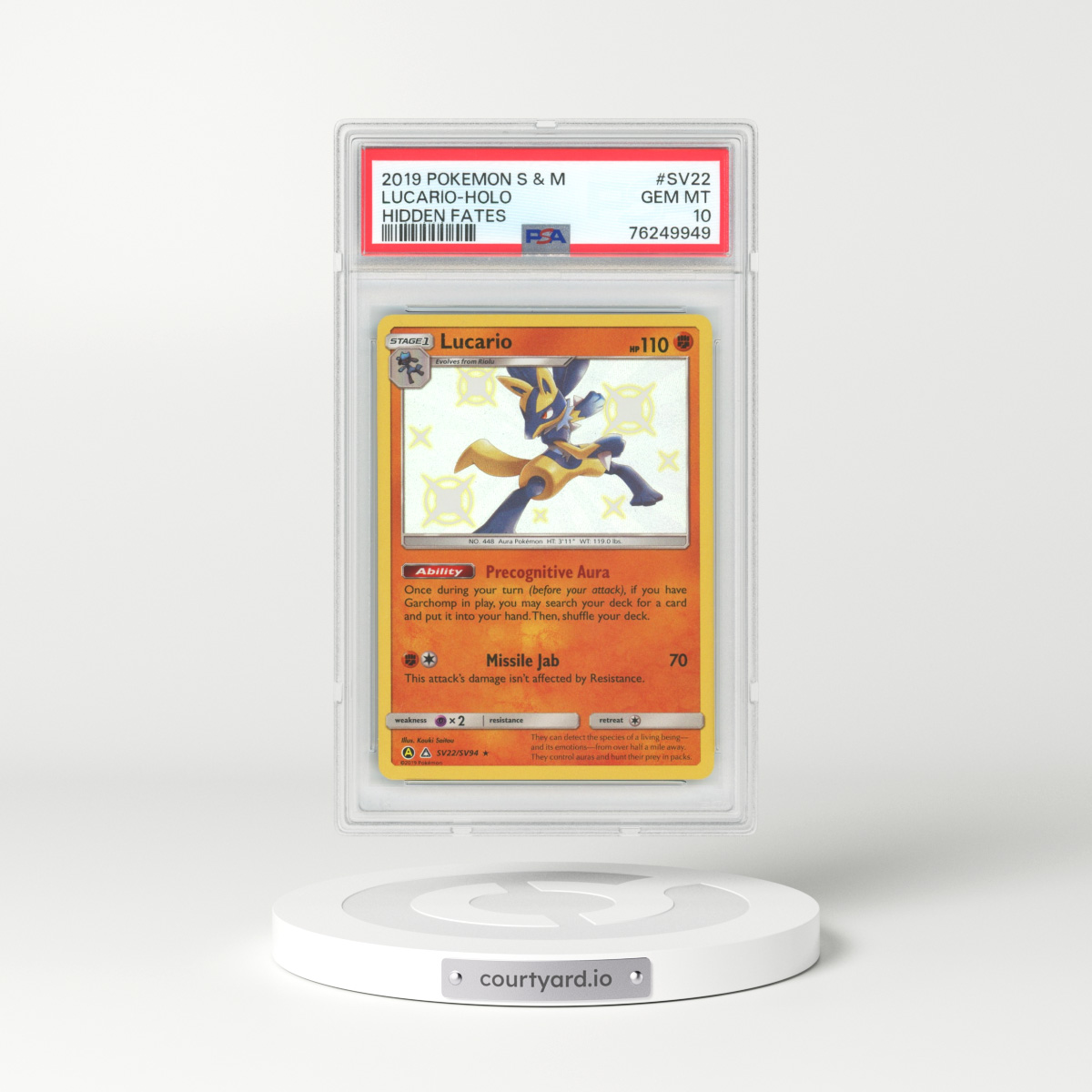 2019 Hidden Fates #SV22 Lucario - Holo (PSA 10 GEM MINT)