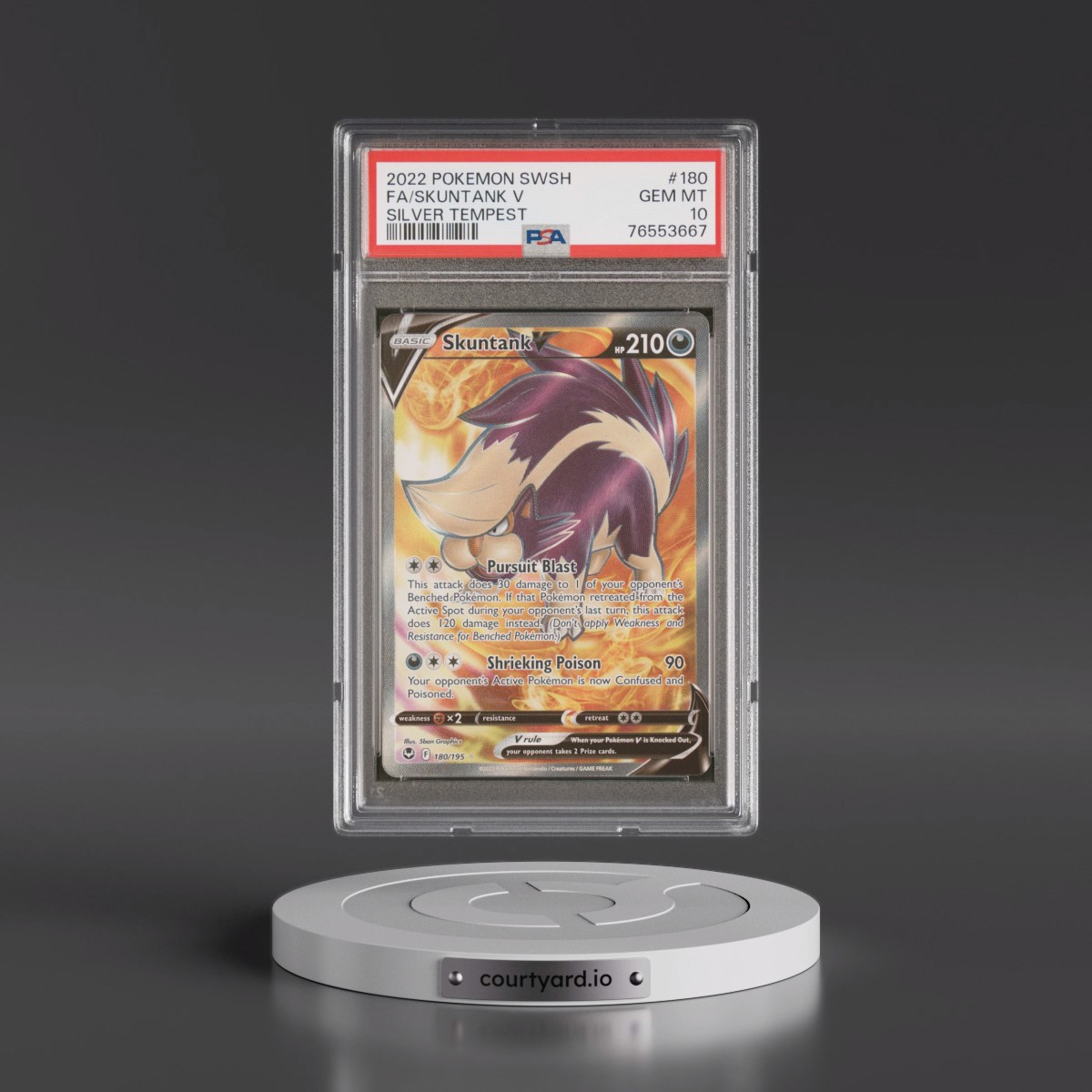 2022 Pokémon Sword & Shield Silver Tempest #180 Skuntank V - Holo Full Art (PSA 10 GEM MINT)