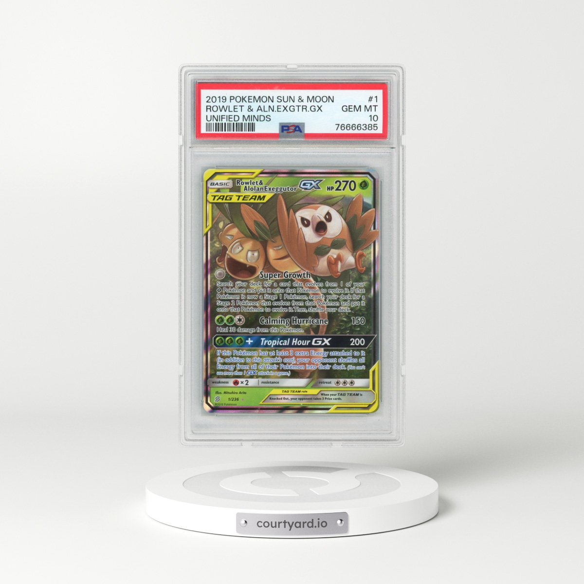 2019 Pokémon Sun & Moon Unified Minds #1 Rowlet & Alolan Exeggutor GX - Holo (PSA 10 GEM MINT)
