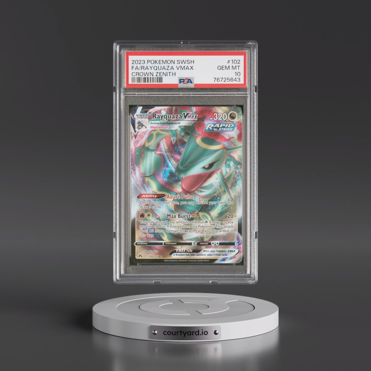 2023 Pokémon Sword and Shield Crown Zenith #102 Rayquaza Vmax - Full Art (PSA 10 GEM MINT)
