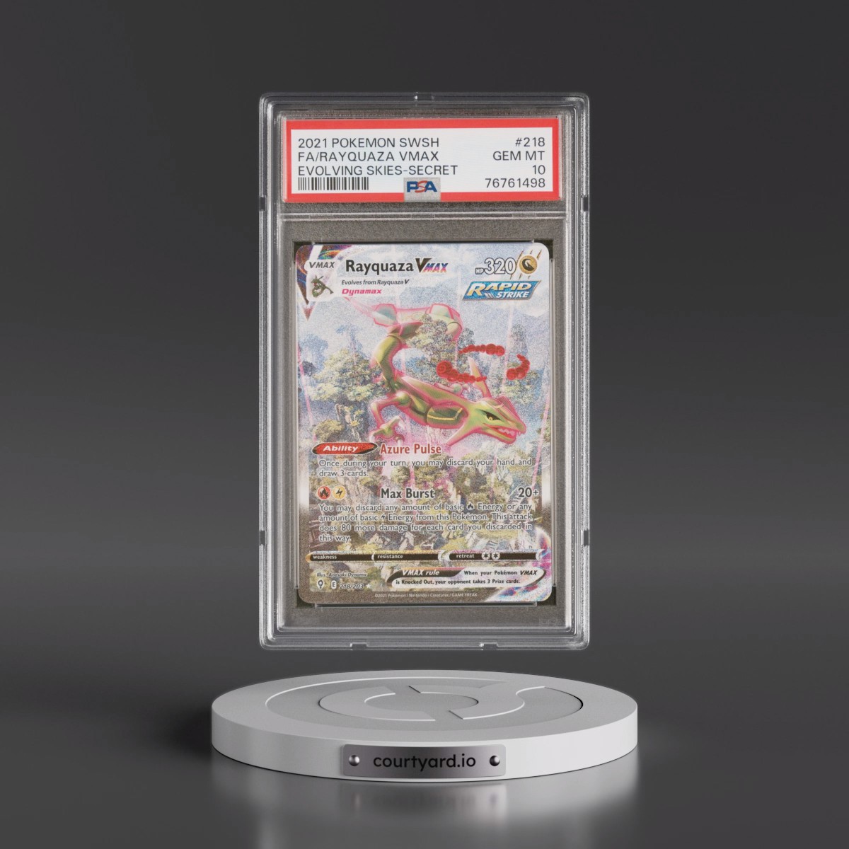 2021 Pokémon Sword & Shield Evolving Skies #218 Rayquaza Vmax - Full Art Secret (PSA 10 GEM MINT)